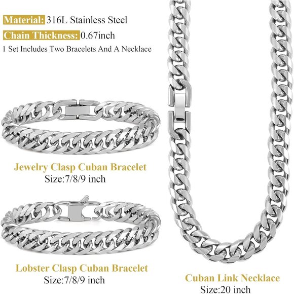 3PCS Cuban Link Bracelet Necklace Set Stainless Steel 8mm Men's Jewelry Gift - Picture 3 of 5